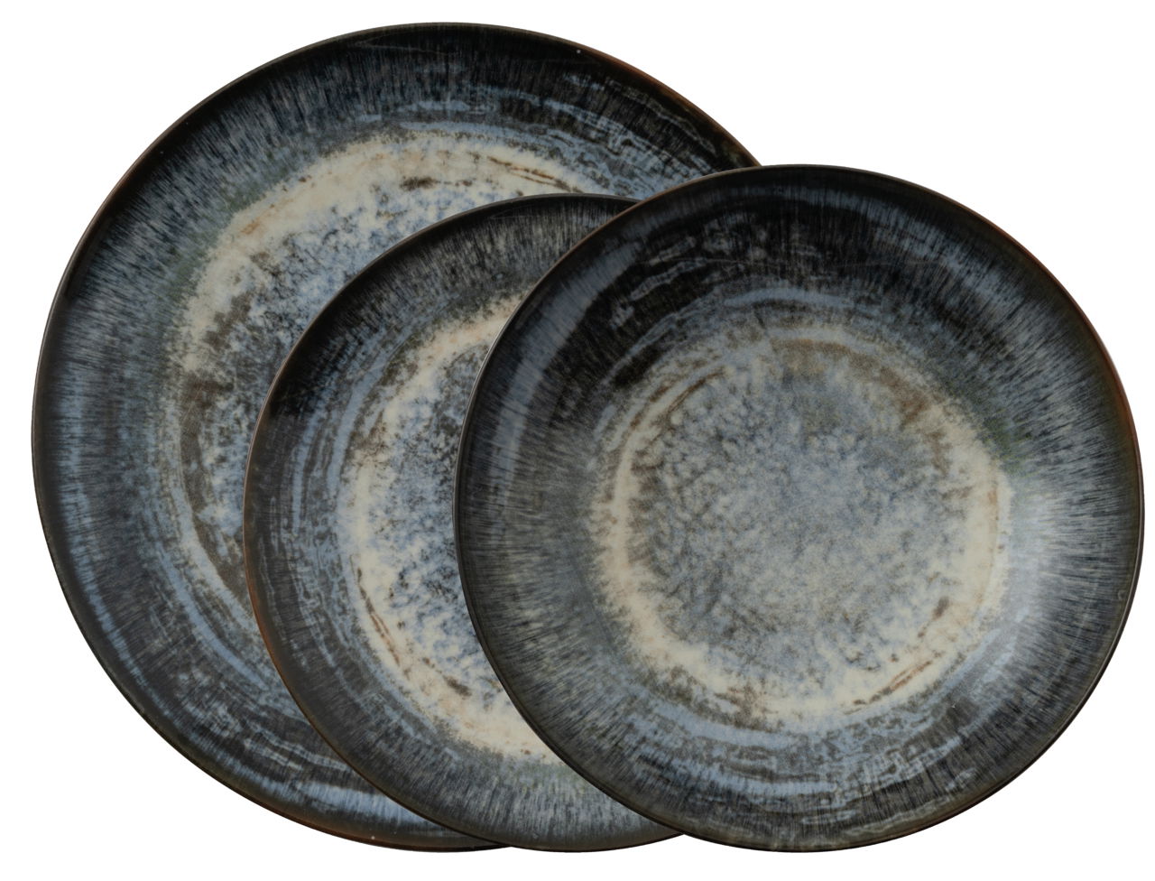 Drei übereinanderliegende Teller aus dem Tellerset Galaxy Neptune, mit einem blauen und grauen Muster, aus der Vogelperspektive fotografiert.