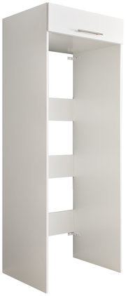 Doppel-Geräteschrank XORA Serie WASCHPUNKT in seitlicher Perspektive, mit offenem Design und einer Schublade oben.