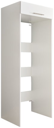 Doppel-Geräteschrank XORA Serie WASCHPUNKT in seitlicher Perspektive, mit offenem Design und einer Schublade oben.