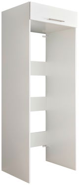 Doppel-Geräteschrank XORA Serie WASCHPUNKT in seitlicher Perspektive, mit offenem Design und einer Schublade oben.