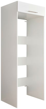Doppel-Geräteschrank XORA Serie WASCHPUNKT in seitlicher Perspektive, mit offenem Design und einer Schublade oben.