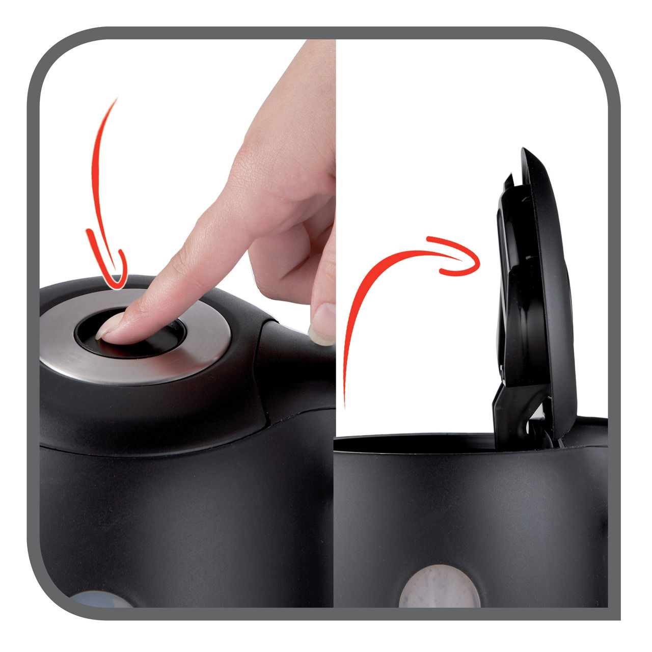 Nahaufnahme eines Wasserkochers Snow mit einer Hand, die den Deckelknopf drückt, um den Deckel zu öffnen.