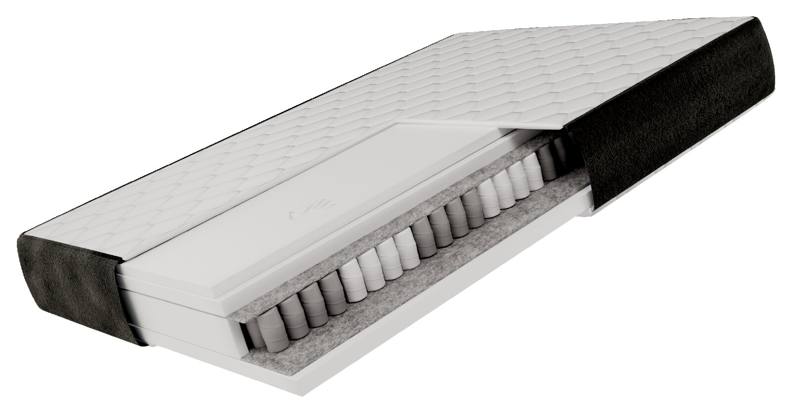 3D-Querschnittansicht einer Taschenfederkernmatratze mit weißer, gesteppten Liegefläche und schwarzem Bezug; sichtbare Schaum- und Filzschichten sowie Federkerne, perspektivisch schräg von oben