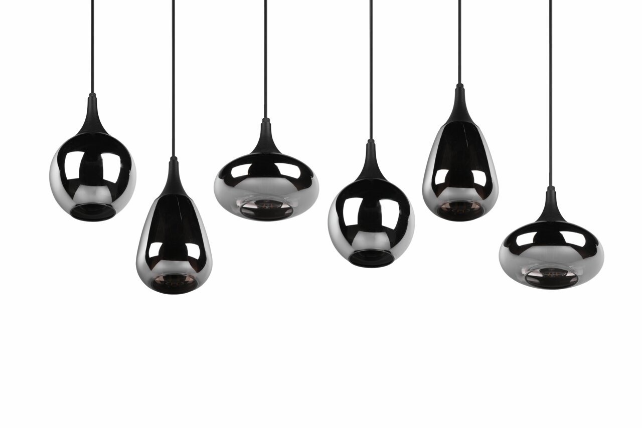 Trio Leuchten Hanglamp LUMINA Sechs moderne, schwarze Pendelleuchten in verschiedenen Formen, von vorne betrachtet.