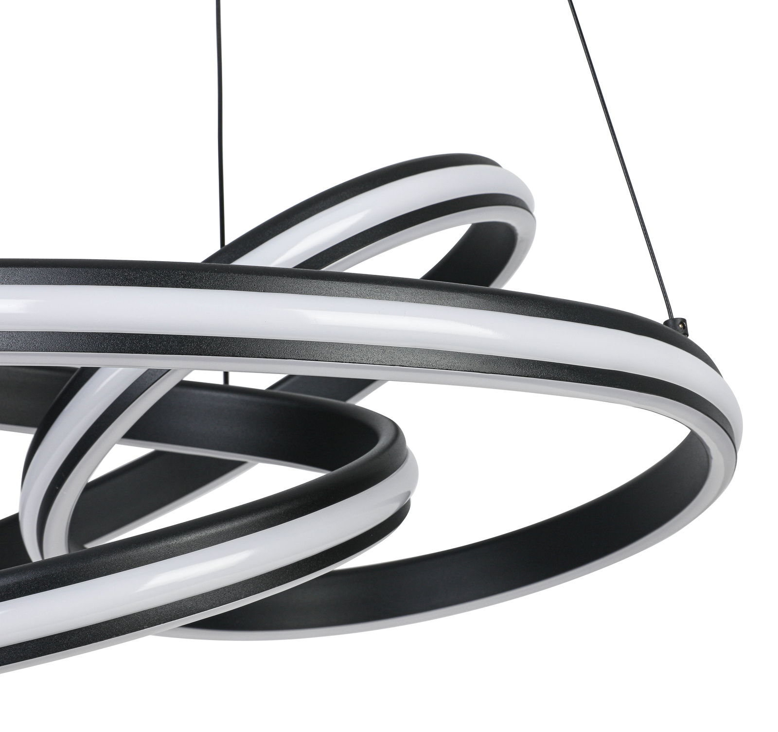 Moderne LED-Hängeleuchte mit verschlungenem Design, seitliche Perspektive