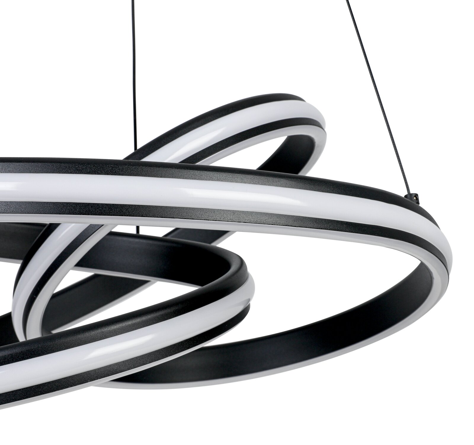 Moderne LED-Hängeleuchte mit verschlungenem Design, seitliche Perspektive