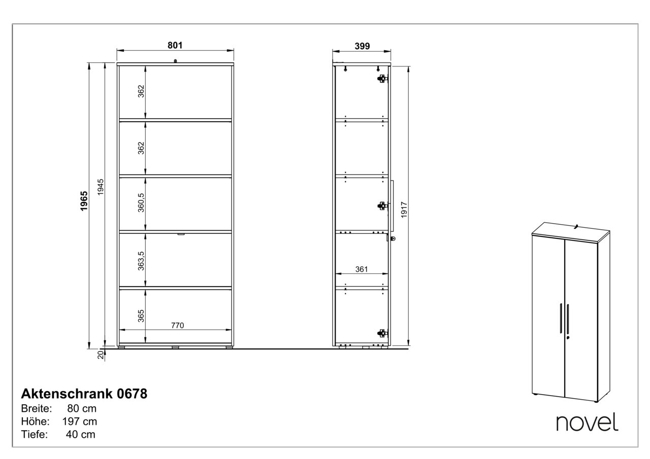 Tekening van een archiefkast met vijf open vakken, breedte 80 cm, hoogte 197 cm, diepte 40 cm, vooraanzicht en zijaanzicht.