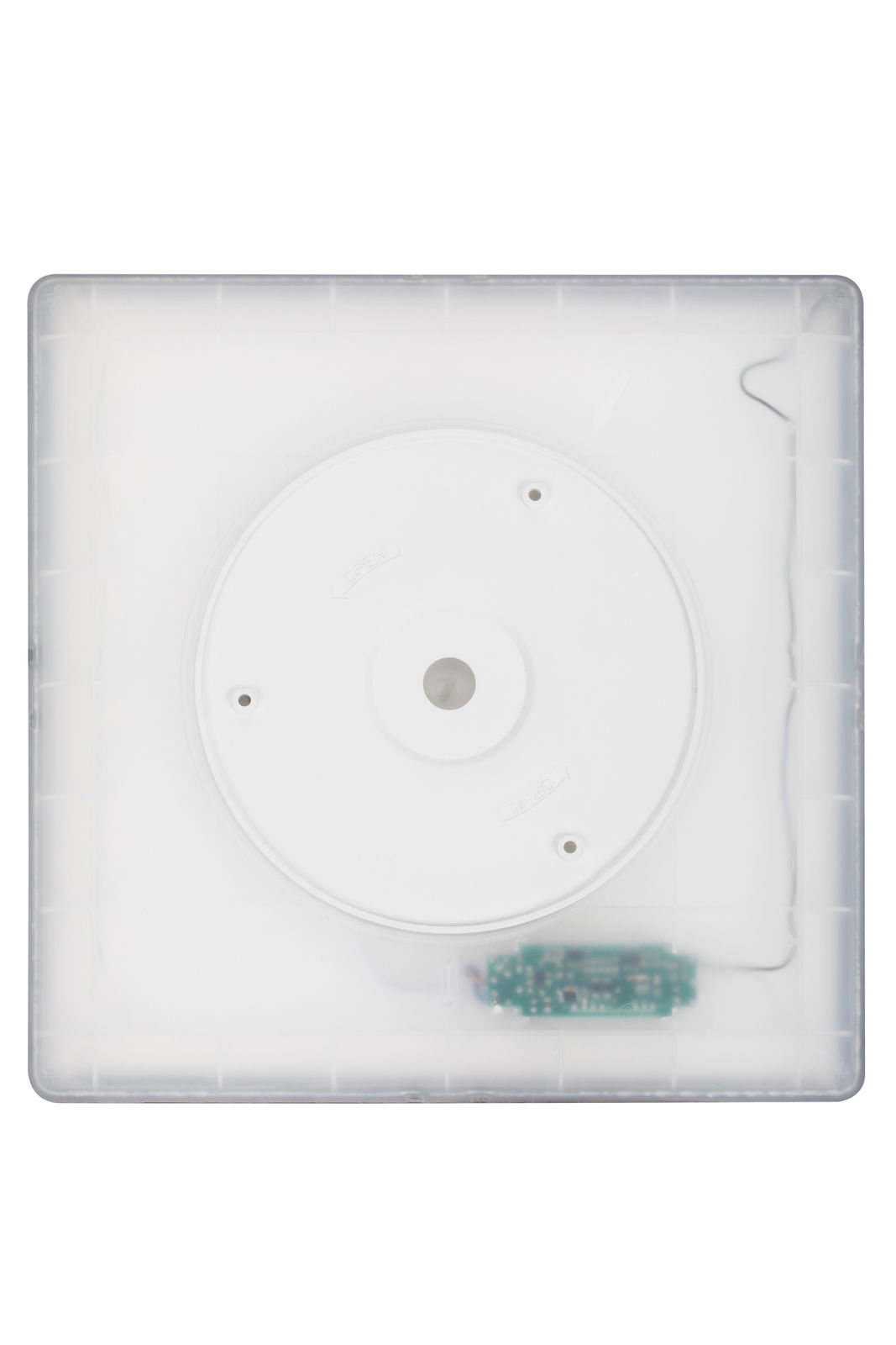 LED-Deckenleuchte von oben betrachtet, quadratische Form mit zentralem runden Element und sichtbarer Elektronik.