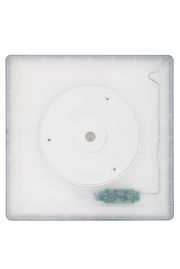 LED-Deckenleuchte von oben betrachtet, quadratische Form mit zentralem runden Element und sichtbarer Elektronik.