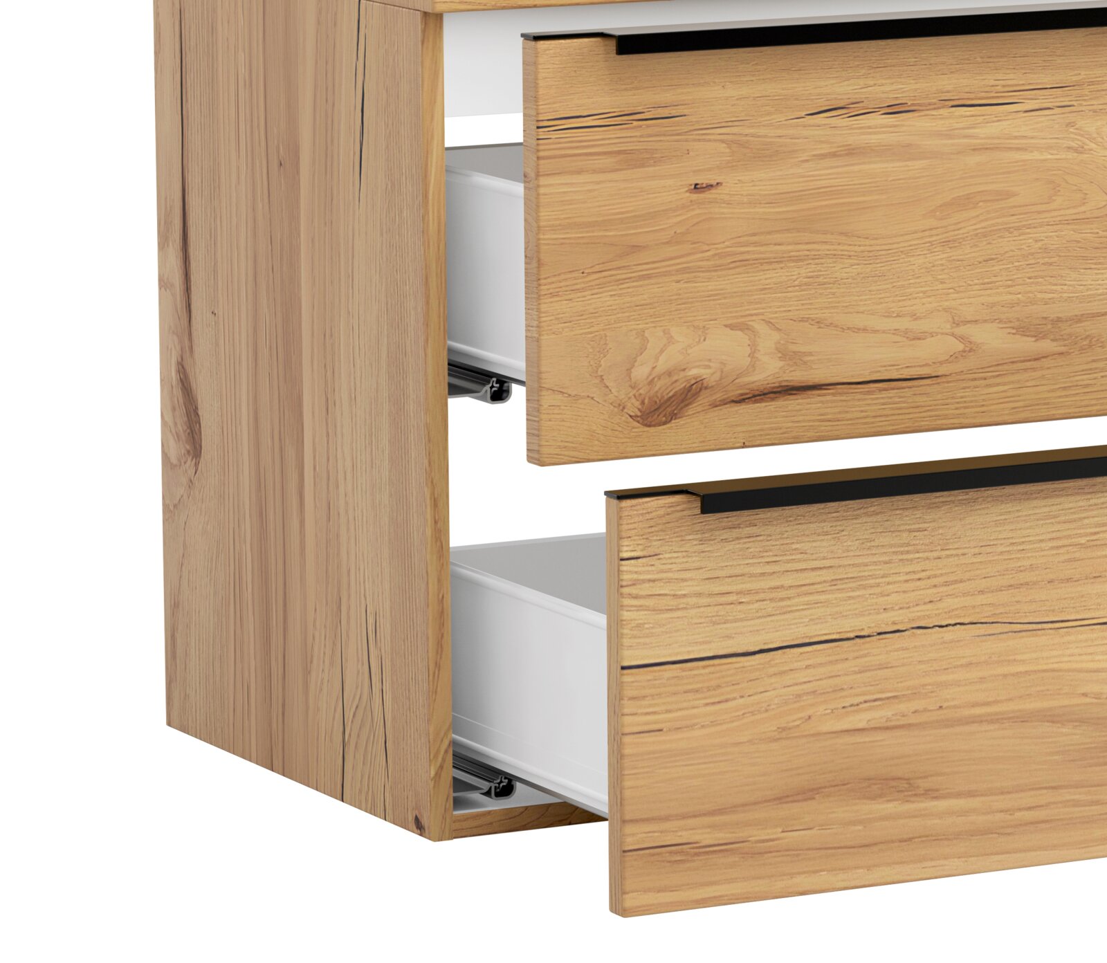 Detailansicht aus schräger Seitenperspektive: Holzkommode mit geöffneter Schublade, Front in Eiche-Optik mit schwarzer Griffleiste und weißem Schubkastenkorpus.