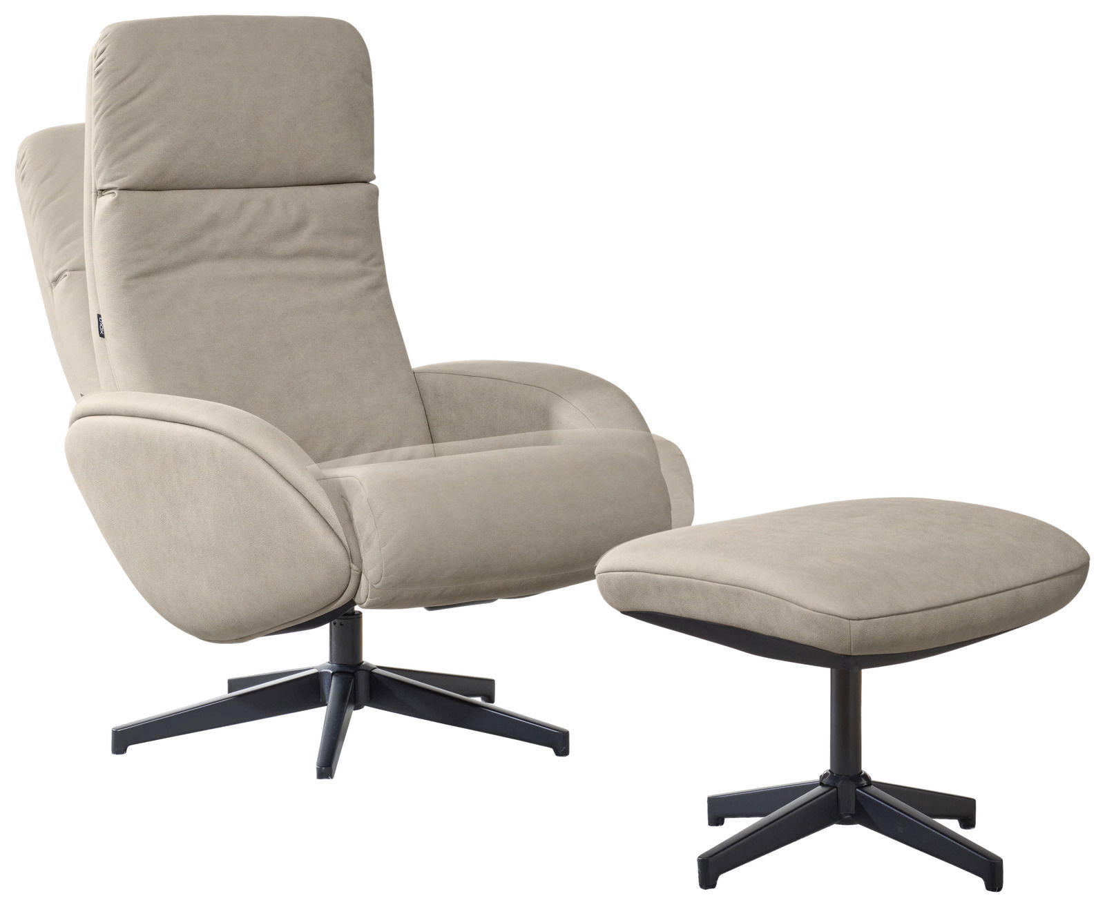 Beiger Relaxsessel mit Hocker, seitliche Perspektive