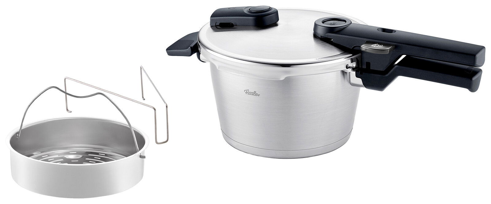 Schnellkochtopf aus Edelstahl mit schwarzem Griff und Einsatz, seitliche Perspektive