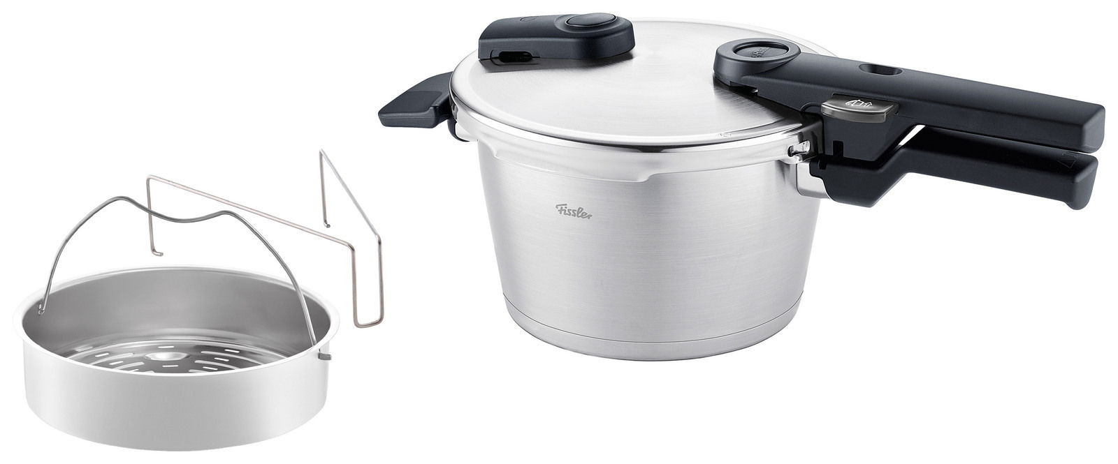 Schnellkochtopf aus Edelstahl mit schwarzem Griff und Einsatz, seitliche Perspektive