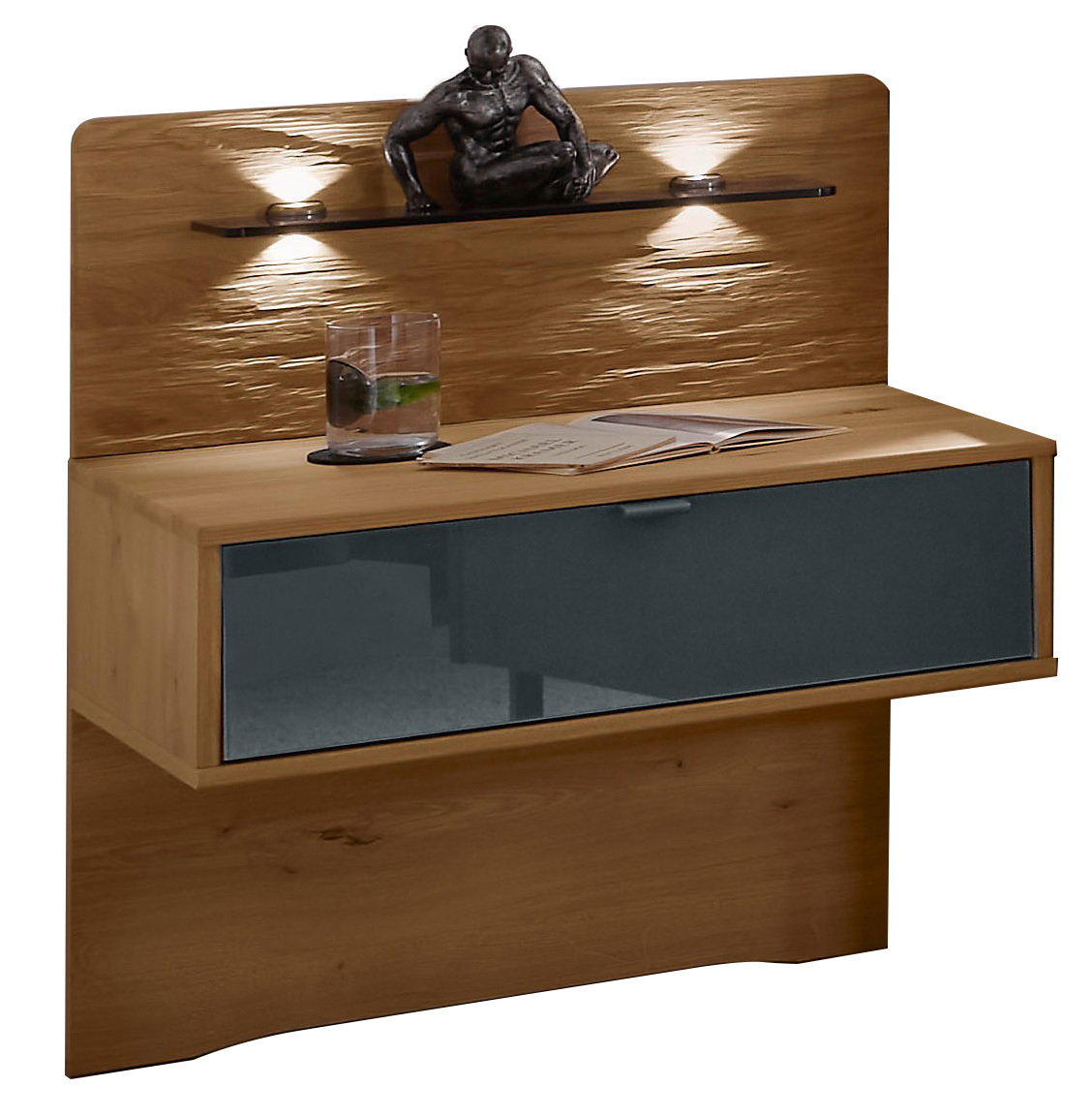 Nachtschrank-Paneel aus Holz mit Glasfront, integrierter Beleuchtung und dekorativer Skulptur, seitliche Perspektive