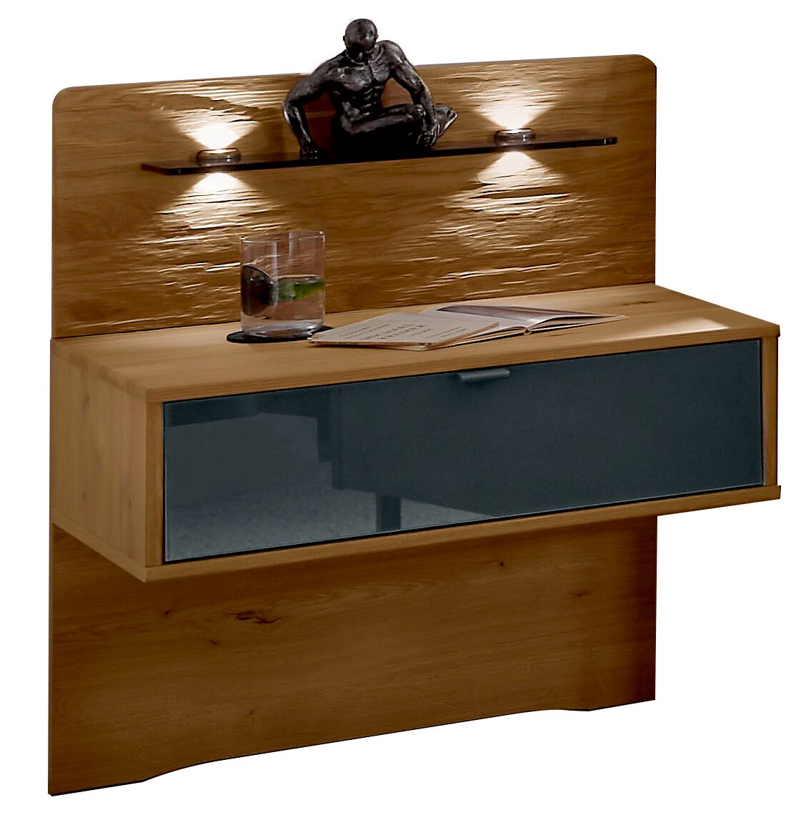 Nachtschrank-Paneel aus Holz mit Glasfront, integrierter Beleuchtung und dekorativer Skulptur, seitliche Perspektive