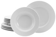 Weißes Tafelservice 12-tlg mit elegantem Muster, seitliche Perspektive