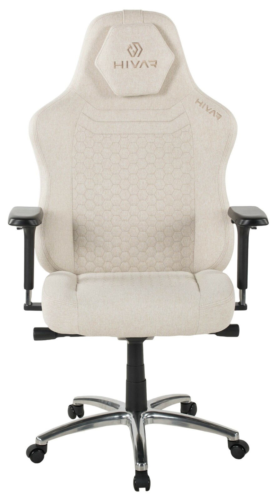 Beiger Gaming-Stuhl mit ergonomischem Design, von vorne gesehen.