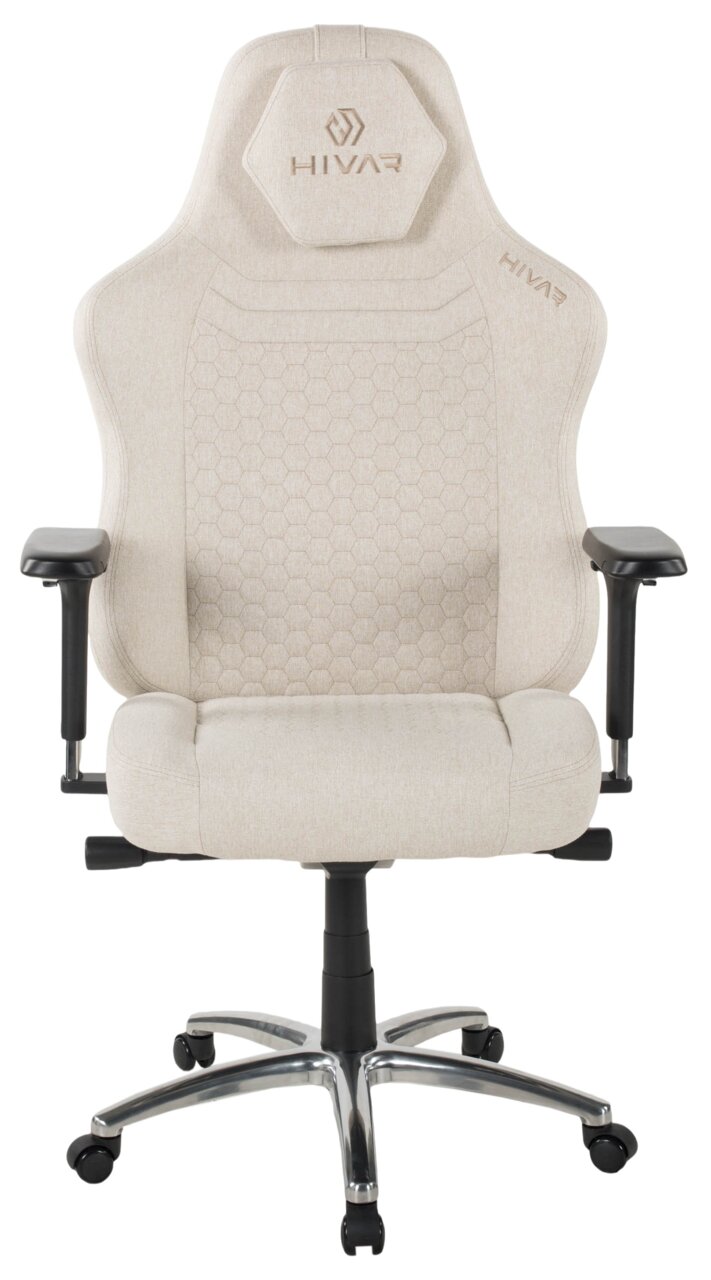 Beiger Gaming-Stuhl mit ergonomischem Design, von vorne gesehen.