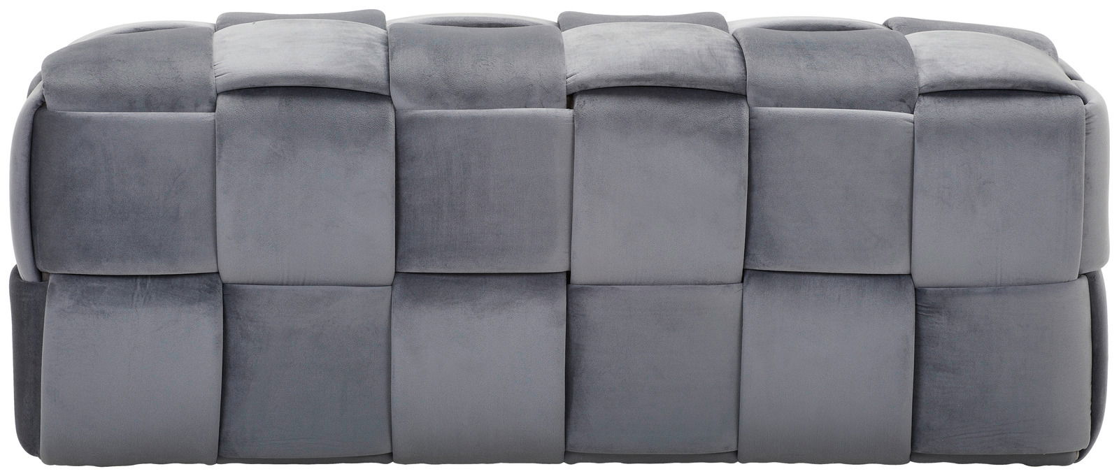 Graue Hockerbank mit gepolstertem, quadratischem Design, Vorderansicht