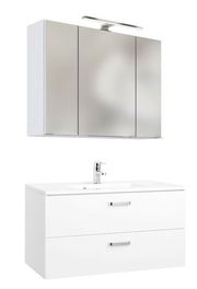 Moderne Badkombination mit Spiegelschrank und Waschbeckenunterschrank, frontal abgebildet.