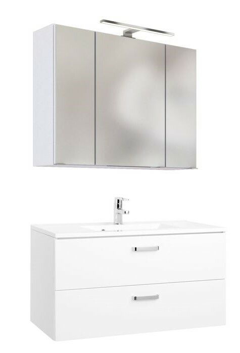 XORA Badkombination BOLOGNA Moderne Badkombination mit Spiegelschrank und Waschbeckenunterschrank, frontal abgebildet.