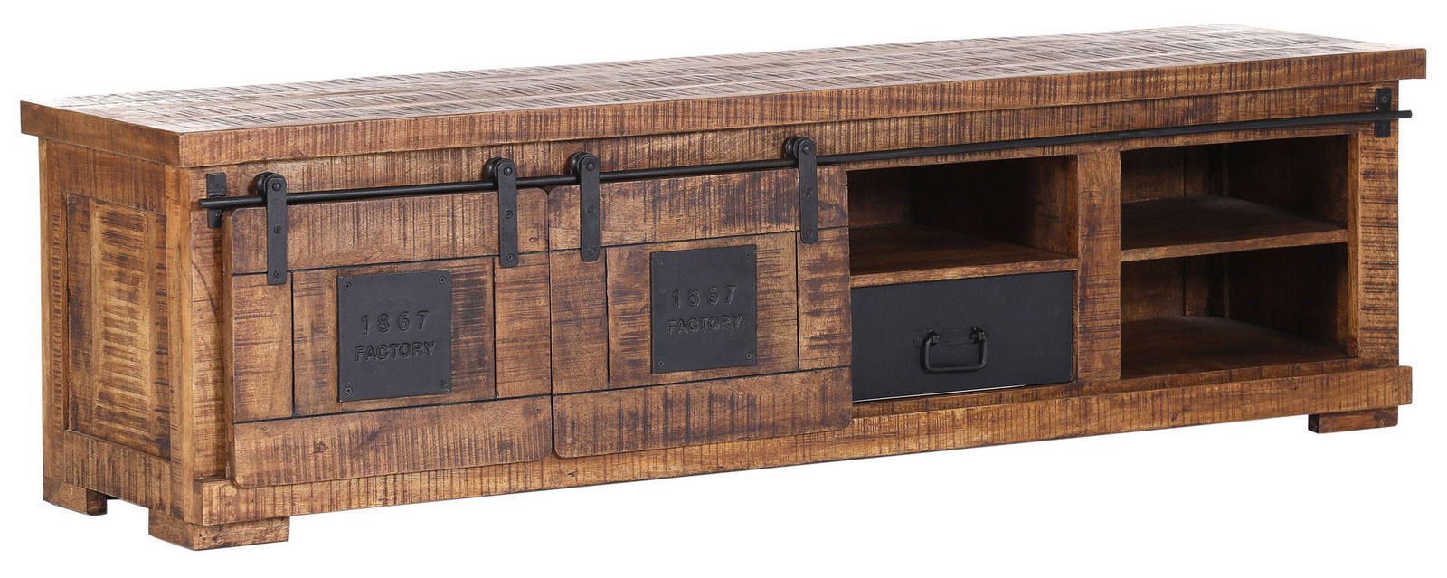 Landscape TV-Lowboard BARNEY Rustikales TV-Lowboard aus Holz mit Schiebetüren und offenen Fächern, seitliche Perspektive