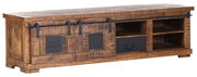 Rustikales TV-Lowboard aus Holz mit Schiebetüren und offenen Fächern, seitliche Perspektive