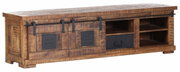 Rustikales TV-Lowboard aus Holz mit Schiebetüren und offenen Fächern, seitliche Perspektive