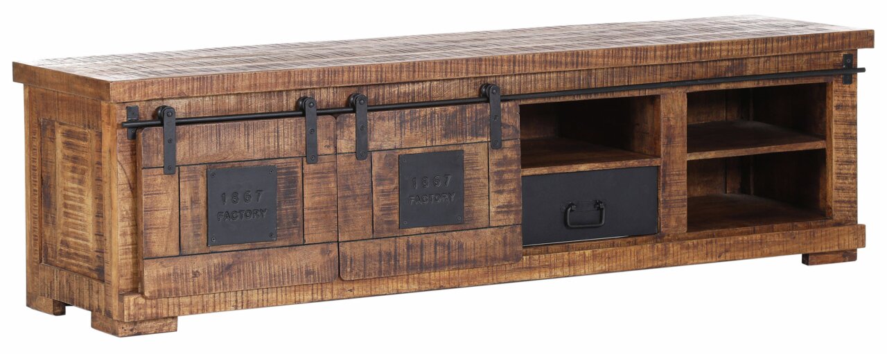 Rustikales TV-Lowboard aus Holz mit Schiebetüren und offenen Fächern, seitliche Perspektive