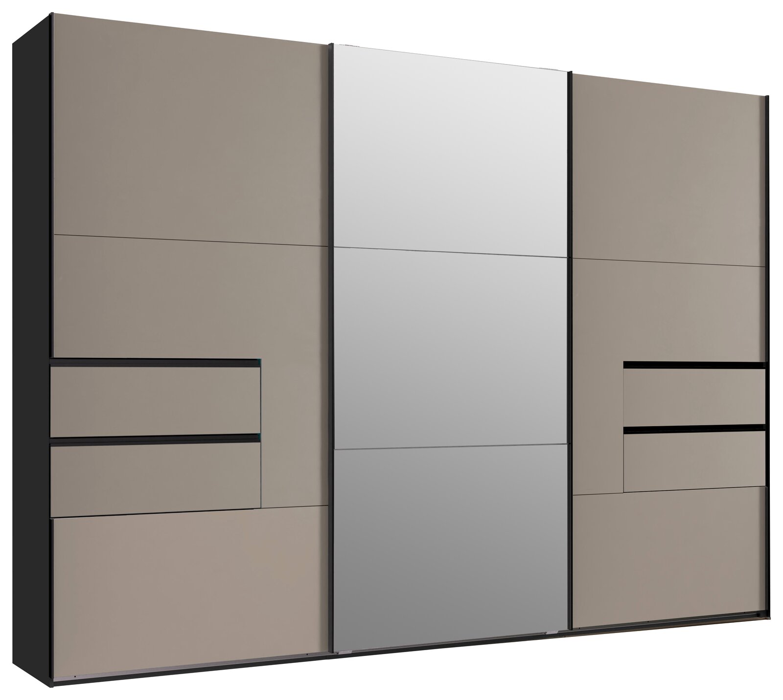 Moderner dreitüriger Schwebetürenschrank mit Spiegel in der Mitte, seitliche Schubladen, Frontansicht.