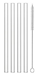 Vier gerade Glastrinkhalme und eine Reinigungsbürste, von oben betrachtet.