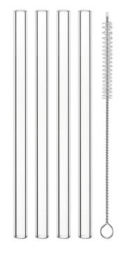 Vier gerade Glastrinkhalme und eine Reinigungsbürste, von oben betrachtet.