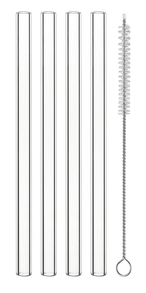 Vier gerade Glastrinkhalme und eine Reinigungsbürste, von oben betrachtet.