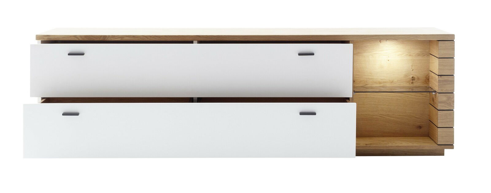 Frontansicht eines TV-Lowboards mit zwei weißen Schubladen und einem offenen Fach aus Holz.