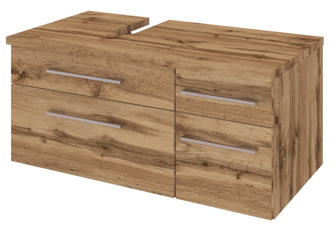 Waschbeckenunterschrank aus Holz mit zwei Schubladen, Perspektive von vorne links