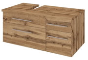Waschbeckenunterschrank aus Holz mit zwei Schubladen, Perspektive von vorne links