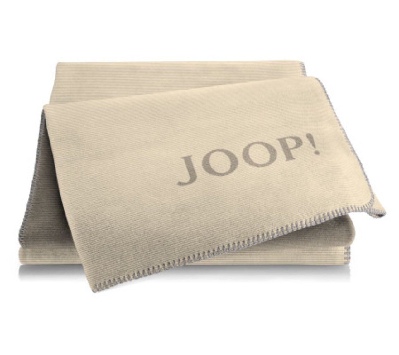 JOOP! Plaid Melange Doubleface 150x200cm Beige Decke mit dem Schriftzug 'JOOP!' in einer gefalteten Perspektive.