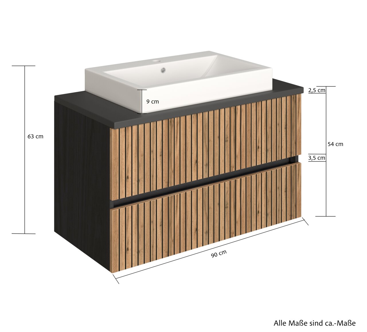 Wastafelset met houtlook en witte wastafel, vooraanzicht