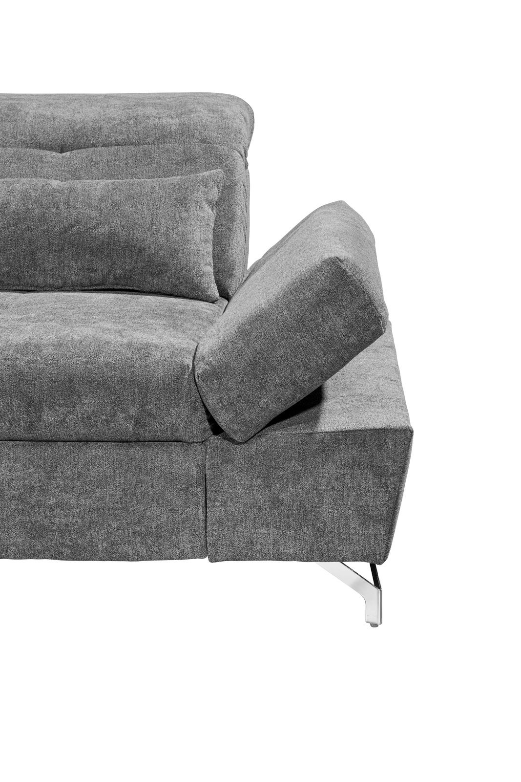 Graues Sofa mit verstellbarer Rückenlehne und Armlehne, seitliche Perspektive
