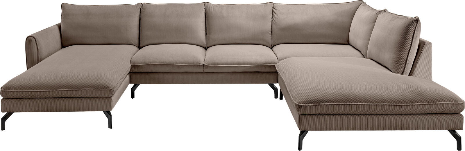 Beiges U-förmiges Ecksofa mit Cordbezug, zwei Recamieren links und rechts, hohen Rückenkissen und schwarzen Metallfüßen, freigestellt vor weißem Hintergrund, Ansicht von vorne in leichter Schrägperspektive.