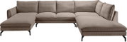 Beiges U-förmiges Ecksofa mit Cordbezug, zwei Recamieren links und rechts, hohen Rückenkissen und schwarzen Metallfüßen, freigestellt vor weißem Hintergrund, Ansicht von vorne in leichter Schrägperspektive.