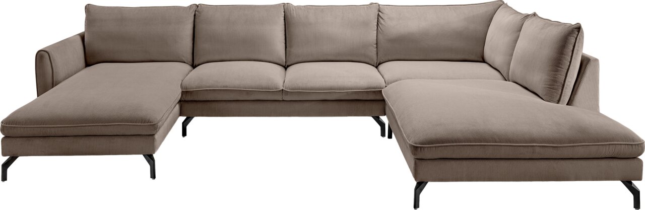 Beiges U-förmiges Ecksofa mit Cordbezug, zwei Recamieren links und rechts, hohen Rückenkissen und schwarzen Metallfüßen, freigestellt vor weißem Hintergrund, Ansicht von vorne in leichter Schrägperspektive.