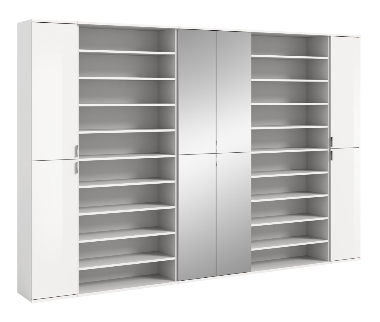 Weiße Garderobenkombination mit mehreren offenen Regalfächern und zwei Spiegeltüren, frontal betrachtet.