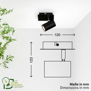 Zwarte verstelbare opbouwspot, schuin van voren afgebeeld met technische zijaanzichttekening en afmetingen van 120 × 123 mm.