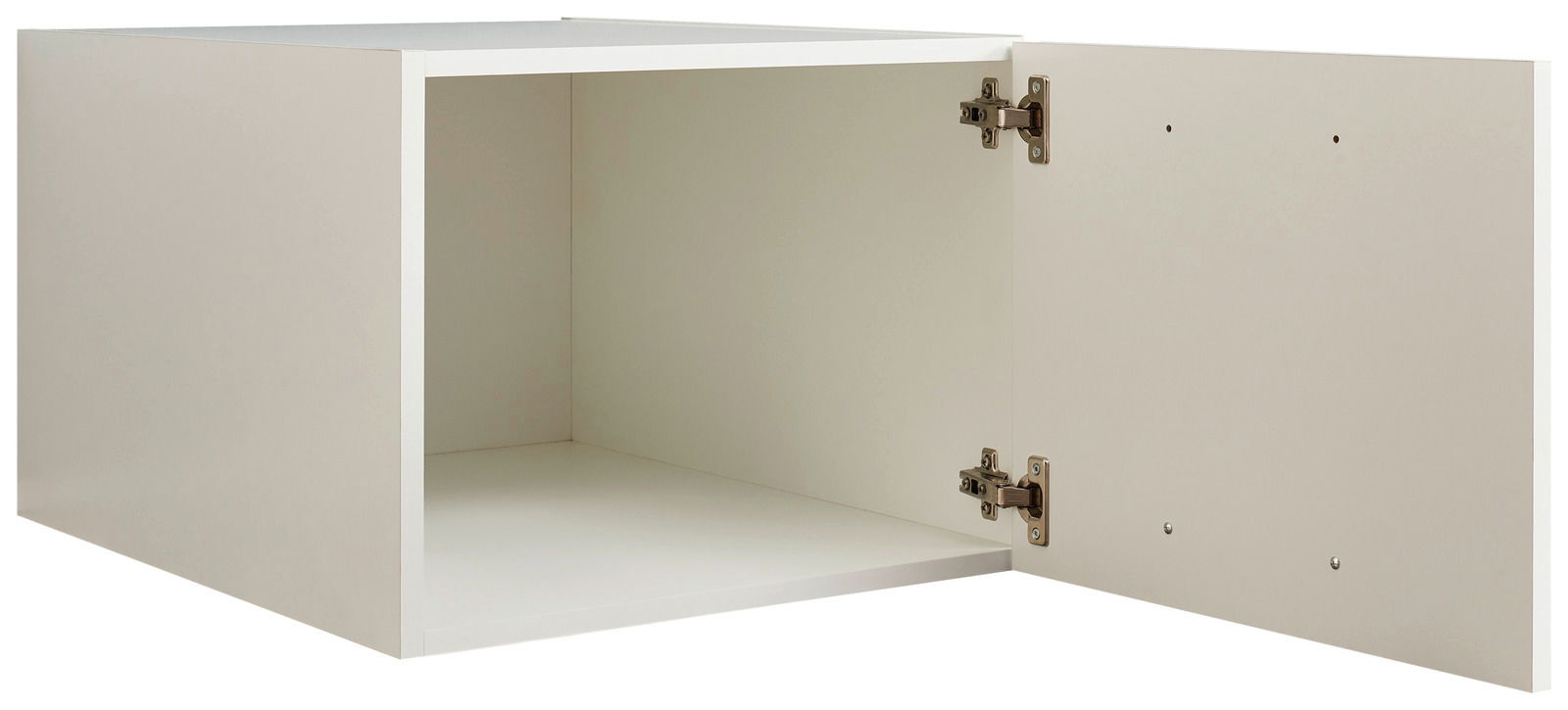 Weißer, schmaler Aufsatzschrank mit geöffneter Tür, seitliche Perspektive