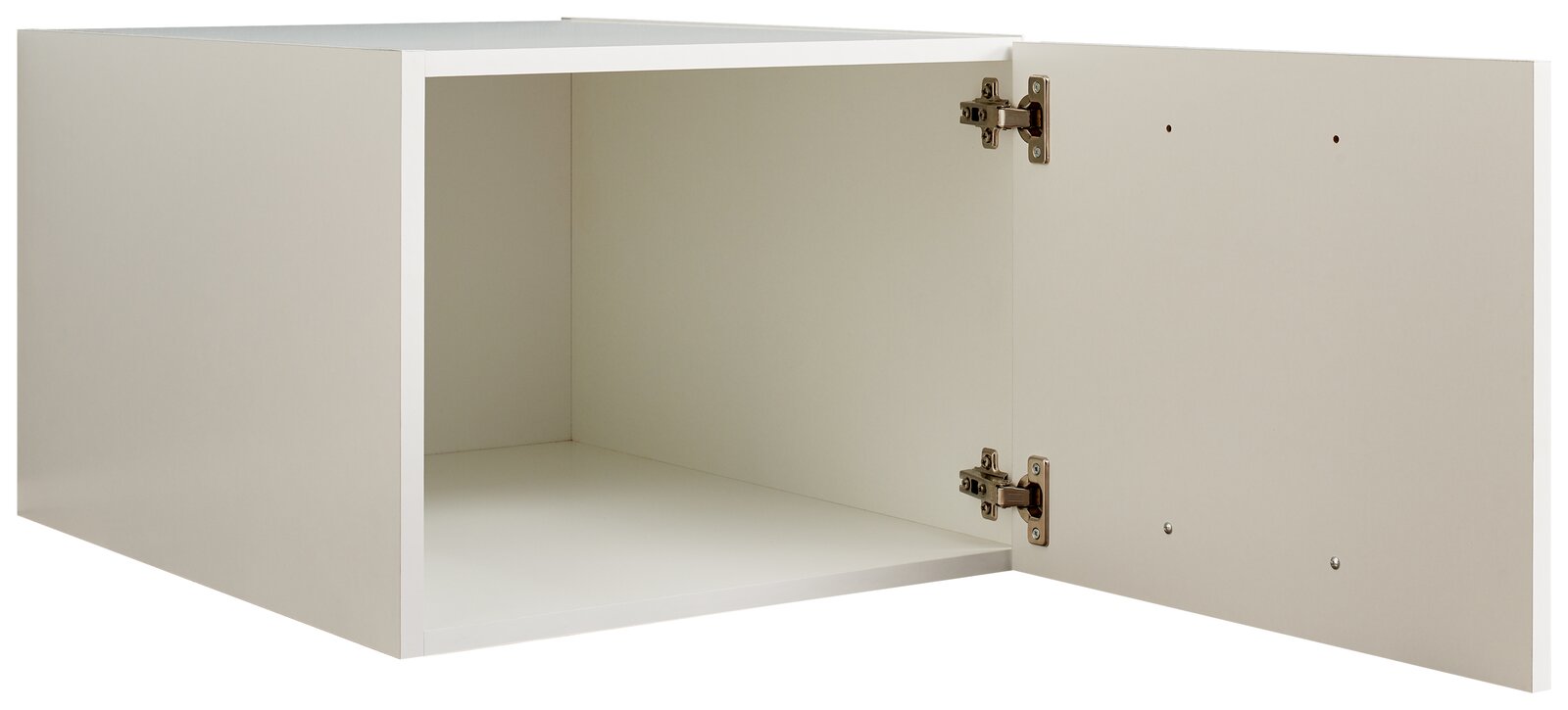 Weißer, schmaler Aufsatzschrank mit geöffneter Tür, seitliche Perspektive