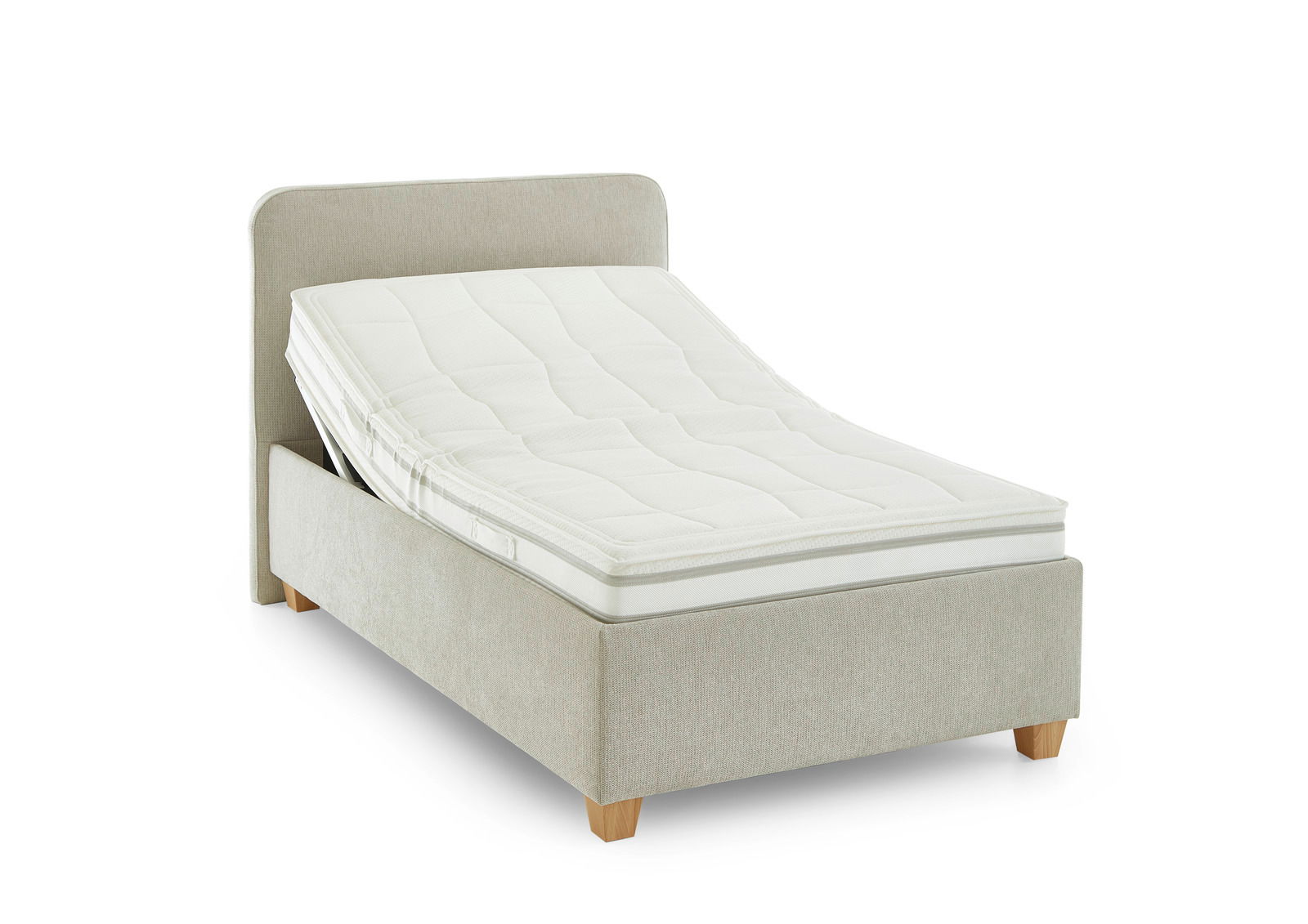 Polsterbett mit verstellbarer Matratze, seitliche Perspektive