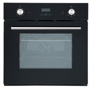 Frontansicht eines modernen schwarzen Einbaubackofens mit Edelstahlgriff und digitalem Display.