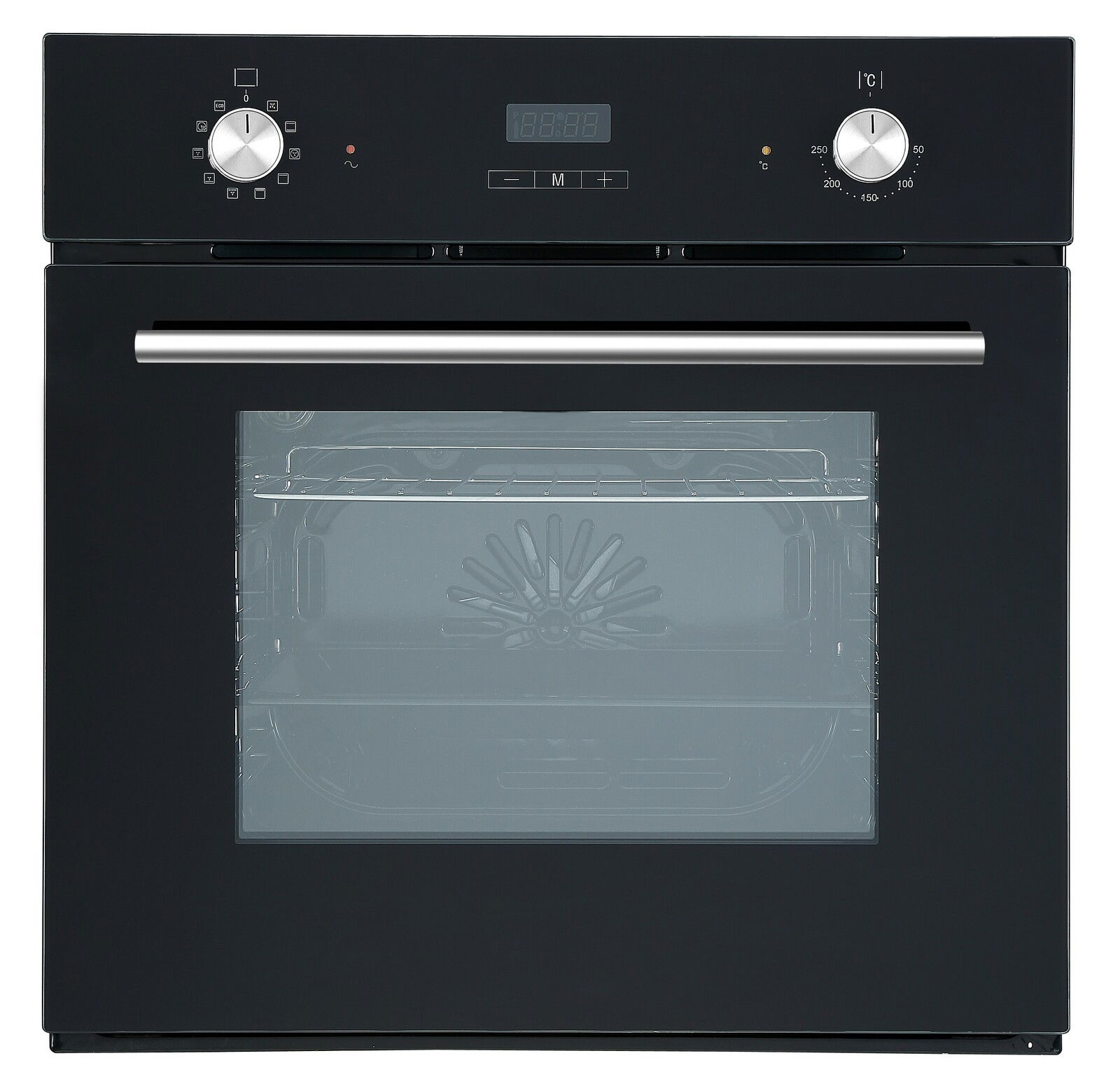 Frontansicht eines modernen schwarzen Einbaubackofens mit Edelstahlgriff und digitalem Display.
