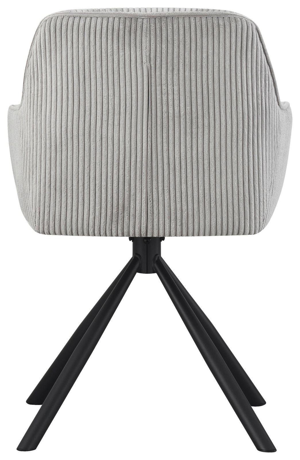 Rückansicht eines grauen Armlehnstuhls mit geripptem Stoffbezug und schwarzen Metallbeinen.